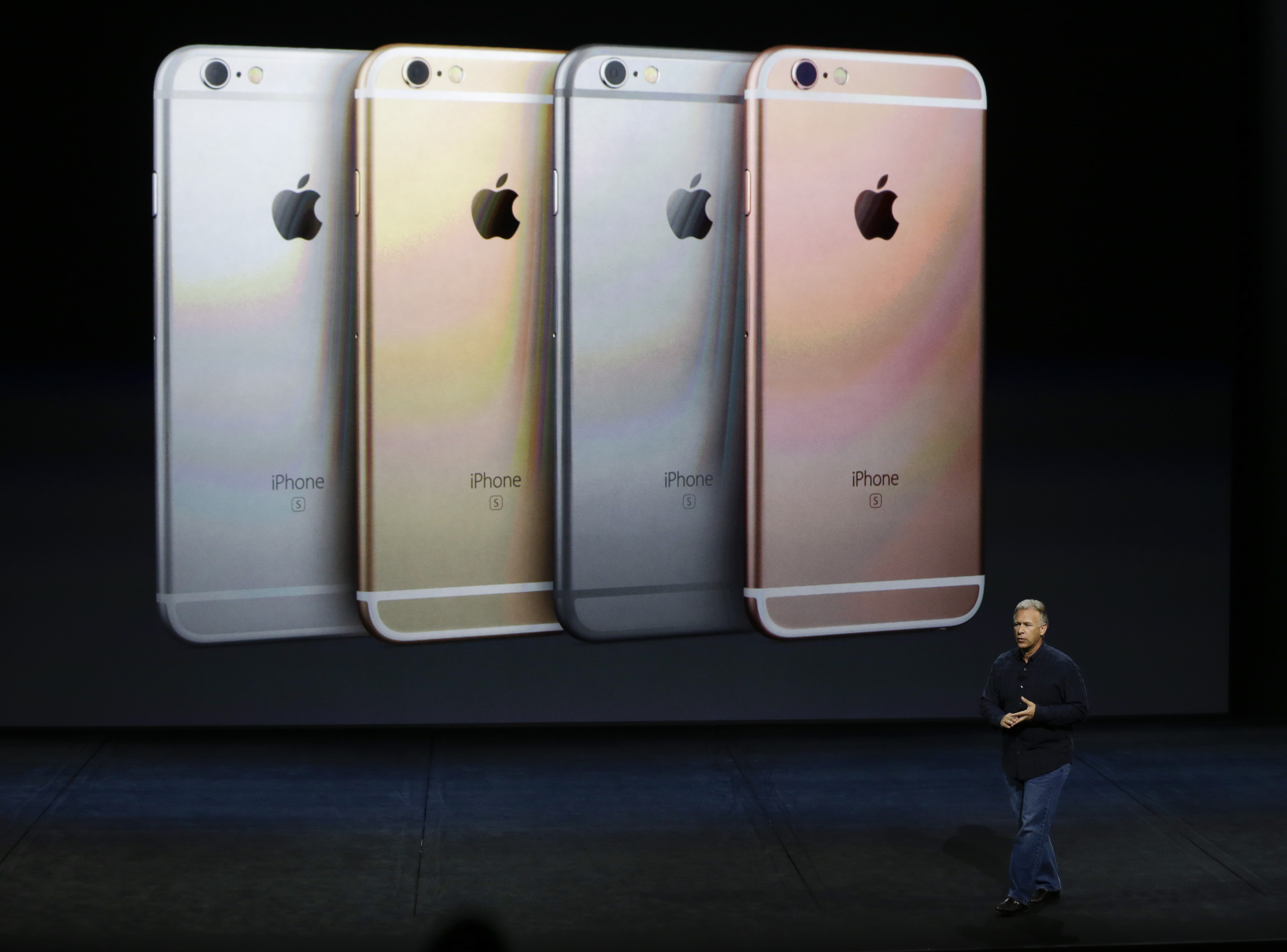 Phil Schiller, Apple's senior vice president of worldwide marketing, talks about the features of the new iPhone 6s and iPhone 6s Plus during the Apple event at the Bill Graham Civic Auditorium in San Francisco, Wednesday, Sept. 9, 2015. (AP Photo/Eric Risberg)